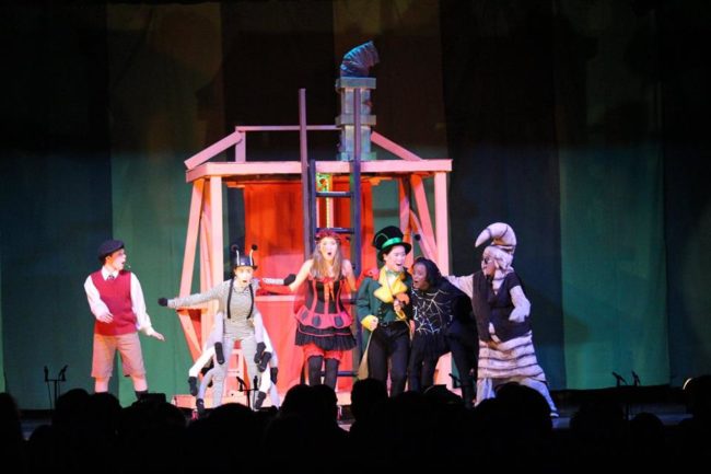 (L to R) Mason Lipczenko as James, Maya Gensler as Centipede, Noelle Efantis as Ladybug, Danny Tran Ho as Grasshopper, Mitchell Ngwenya as Spider, and Nathan Hillman as Earthworm