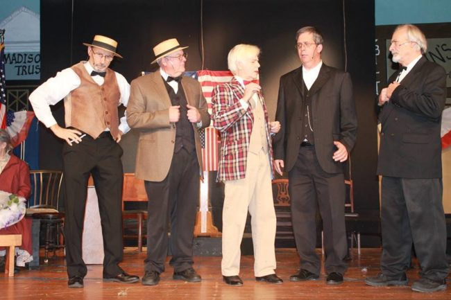 Michael Hulett (center) as Harold Hill with The Three Wise Men Quartet (Joe Chilcoat, George Korch, Tom Nisbet, Jeff Whall) as the School Board Members in Music Man