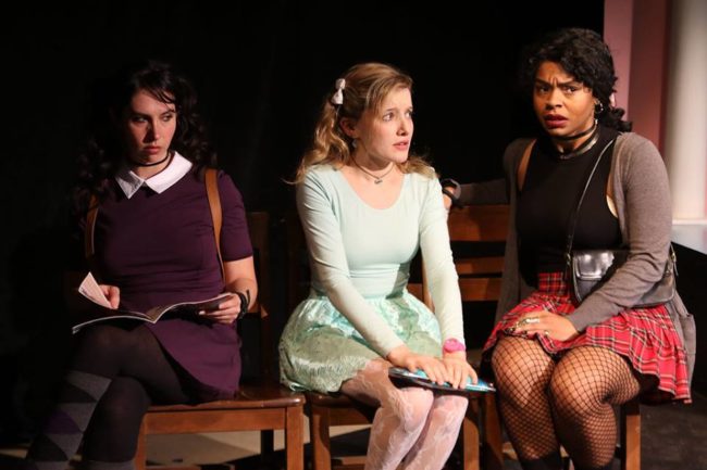 Chara Bauer (left) as Patty, with Emily Sucher (center) as Jeanine, and Tatiana Ford (right) as Renee in Schoolgirl Figure