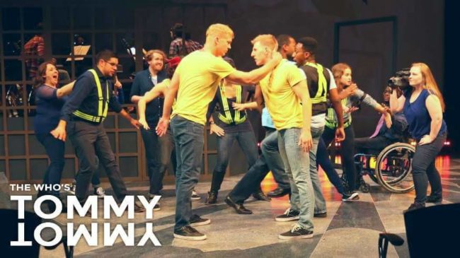 Russell Harvard (left) as Tommy and Will Hayes (right) as Voice of Tommy with the ensemble of The Who's Tommy at Open Circle Theatre