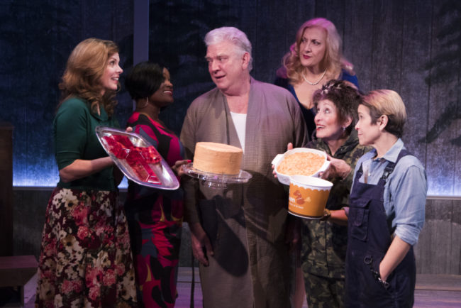 Peggy Yates (Ruth Ann), Nova Y. Payton (Gloria), Dan Manning (Earl), Donna Migliaccio (Oralene), Ilona Dulaski (Berneice), Naomi Jacobson (Bo Jack) in Silver Belles at Signature Theatre