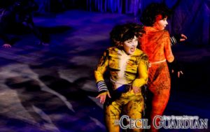 Tim Sheridan (where?) as Macavity, with Erin McArthur (left) as Demeter and Darby McLaughlin (right) as Bombalurina in Cats