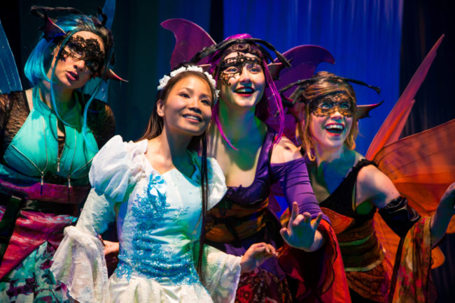 Francesca Blume, Kathy Gordon and Emily Whitworth as the Fairies with Eliza Smith as Briar Rose (Sleeping Beauty)