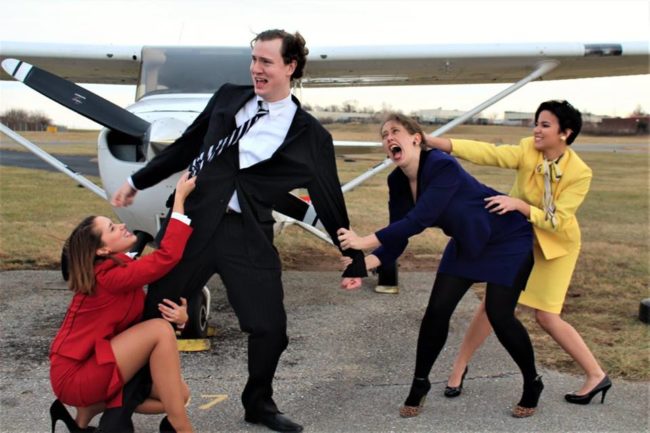 (L to R) Ashley Zielinski as Gloria, David Johnson as Bernard, Nina Marti as Gabriella, and Moriah Whiteman as Gretchen in Boeing Boeing