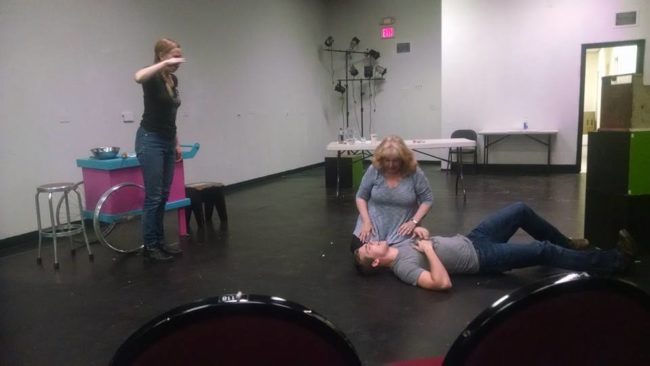 A Rehearsal Photo from Exit Pluto with Barbara Hauck (left), Janise Whelan (center), and Flynn Harne (right) 