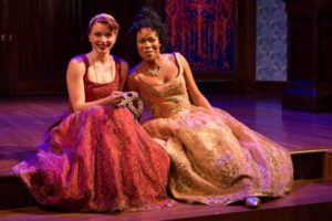 Cousins and best friends Rosalind (Lindsay Alexandra Carter, left) and Celia (Antoinette Robinson) share a moment of amusement in Shakespeare’s As You Like It. 