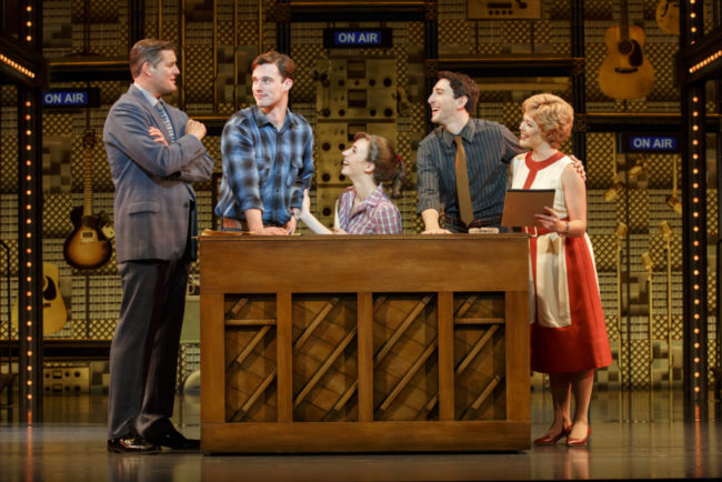 L to R: Curt Bouril as Don Kirshner, Liam Tobin as Gerry Goffin, Julia Knitel as Carole King, Ben Fankhauser as Barry Man, and Erika Olson as Cynthia Weil in Beautiful: The Carole King Musical