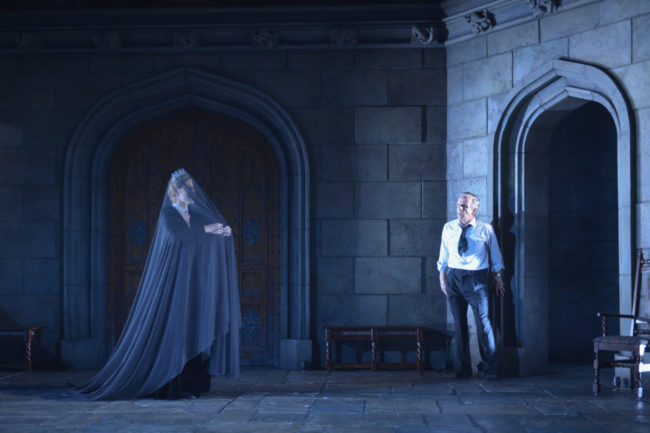 Chiara Motley as Ghost and Robert Joy as King Charles in the American Conservatory Theater production of King Charles III, directed by David Muse