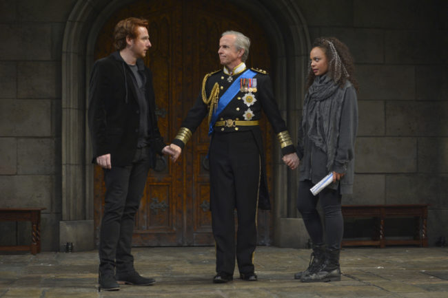 Harry Smith as Prince Harry, Robert Joy as King Charles and Michelle Beck as Jessica in the American Conservatory Theater production of King Charles III, directed by David Muse