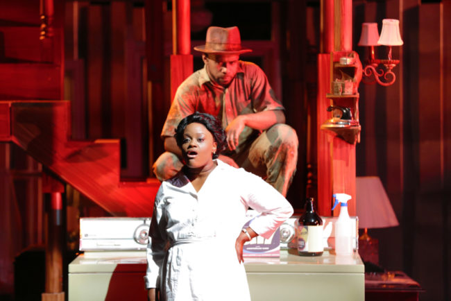 Nova Y. Payton (Caroline Thibodeaux) and V. Savoy McIlwain (The Dryer) in Round House Theatre’s current production of CAROLINE, OR CHANGE.