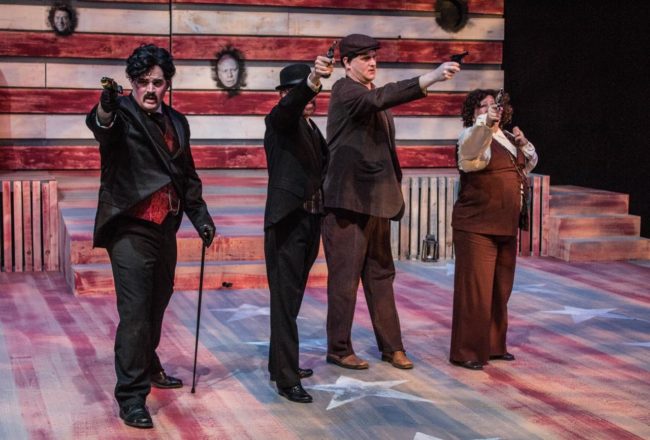 (L to R) Jake Stuart as John Wilkes Booth, James Fitzpatrick as Charles J. Guiteau, Mark Lloyd as Leon Czolgosz, and Laurie Sentman Starkey as Sara Jane Moore