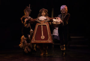 Elizabeth Rayca (left) as Babette, David James (center) as Cogsworth, and Jeremy Scott Blaustein (right) as Lumiere