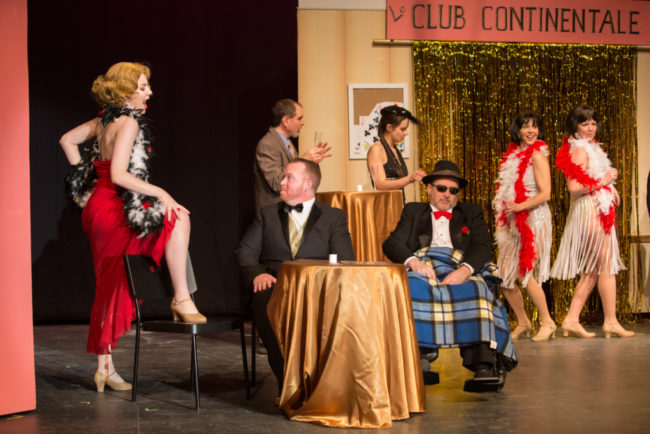 Alyssa Bell (left) as Dominique Du Monaco, Rob Wall (center) as Harry Witherspoon, and Michael Cornell (right) as Tony Hendon in Lucky Stiff