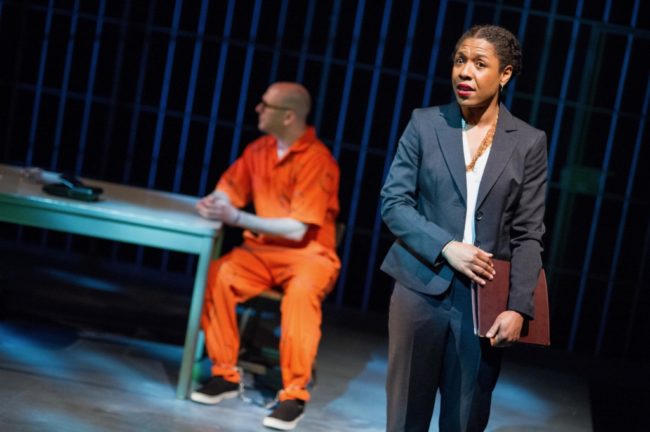 (L to R) Erica Chamblee as Pumla Gobodo-Madikizela and Chris Genebach as Eugene  de Kock in A Human Being Died That Night at Mosaic Theater Company of DC,