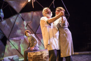 Sarah Barker (background) as Edgar with Rick Foucheux (left) as Lear and Cam Magee (right) as Gloucester