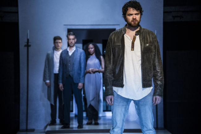 Ari McKay Wilford (Judas) with Sam Ludwig (Annas), Thomas Adrian Simpson (Caiaphas) and Kara-Tameika Watkins (Priest) inJesus Christ Superstar at Signature Theatre