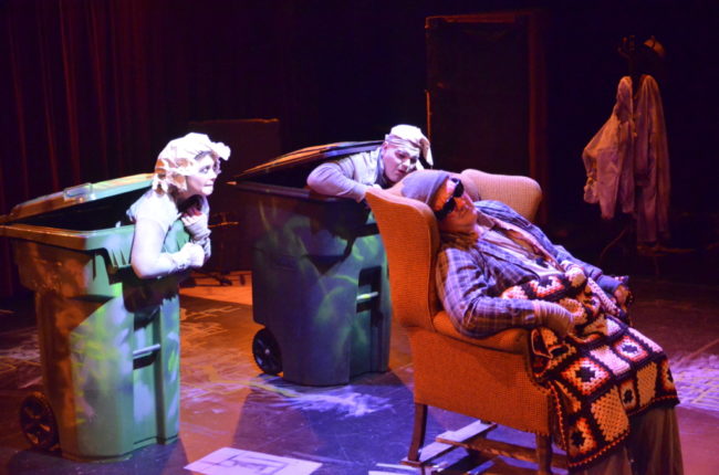 Lee Conderacci (left trashcan) as Nell and Lance Bankerd (right trashcan) as Nagg with Zach Jackson (in chair) as Hamm in Endgame