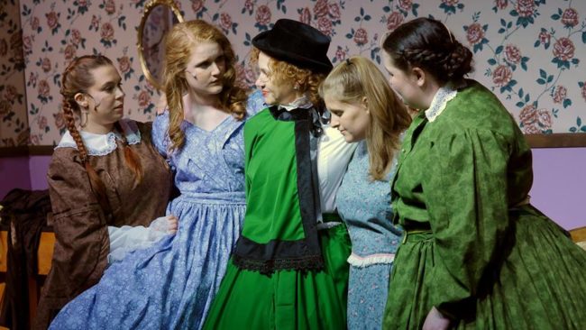 (L to R) Mea Holloway as Beth March, Grace Dillon as Jo March, Christine Thomas as Marmee, Lizzy Jackson as Amy March, and Maggie Flanigan as Meg March