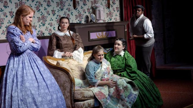 (L to R) Grace Dillon as Jo March, Mea Holloway as Beth March, Lizzy Jackson as Amy March, Maggie Flanigan as Meg March, and J. Purnell Hargrove as Laurie