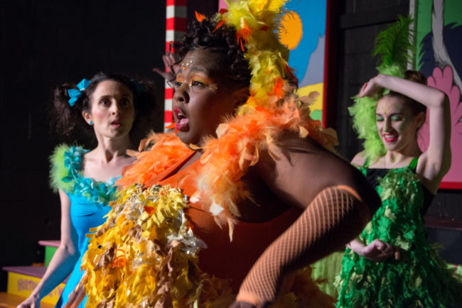 Stephanie Mahoney (left) as Gertrude McFuzz, Tigga Smaller (center) as Mayzie LaBird and Katie Loftus (right) as Green Bird Girl