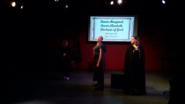 Allison McAlister (left) as Duchess of York, Jaki Demarest (center) as Queen Margaret, and Claudia Bach (right) as Queen Elizabeth in Richard III