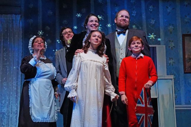 (L to R) Penni Barnett as Mrs. Brill, John Davis Wooten-Klebanoff as Robertson Ay, Mary Schmidt Wakefield as Mrs. Banks,  Sophia Riazi-Sekowski as Jane, John Dickson Wakefield as Mr. Banks, and Nathaniel Burkhead as Michael