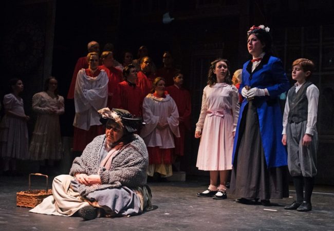 Carole Long (far left) as The Bird Woman with Sophia Riazi-Sekowski (center) as Jane, Emily Mudd (beside her) as Mary Poppins, and Nathaniel Burkhead (right) as Michael