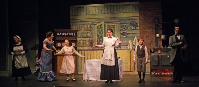 (L to R) Penni Barnett as Mrs. Brill,Mary Schmidt Wakefield as Mrs. Banks, Sophia Riazi-Sekowski as Jane, Emily Mudd as Mary Poppins, Nathaniel Burkhead as Michael, and Davis Wooten-Klebanoff as Robertson Ay 