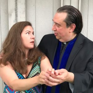 Christina Wilharm (left) as Kay Mostyn and Aref Dajani (right) as Canon Pennefather