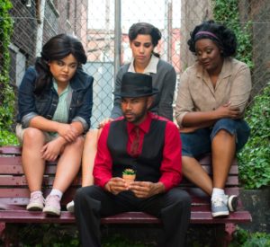 (L to R) Elena Gage as Chiffon, Brian Paul as Audrey II, Monica Albrizo as Ronnette, and Renata Hammond as Crystal