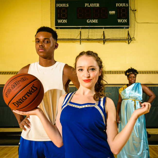 Patrick J. Cambell (left) as Mick, Hailey Ibberson (center) as Lysistrata Jones, and Taylor Washington (right) as Hetaira