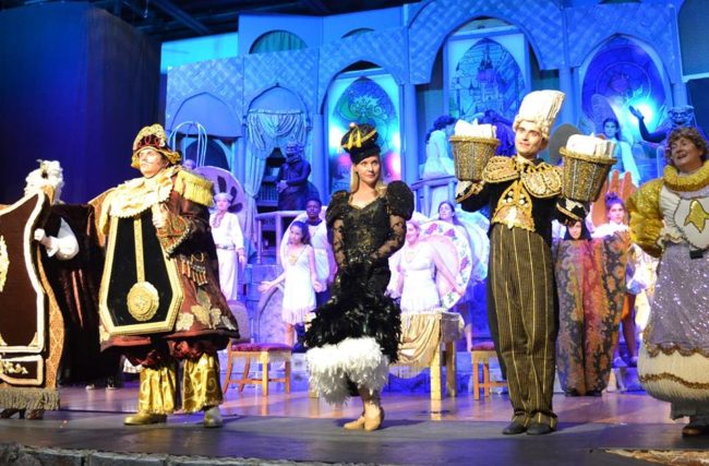 (L to R) Colleen Esposito as Madame de laGrande Bouche, Cameron Casey as Cogsworth, Lori True as Babette, Henry Cyr as Lumiere, and Mary Margaret McClug as Mrs. Pots