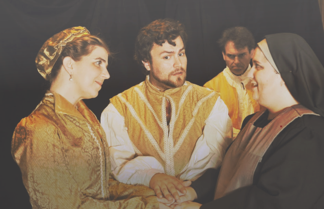 (from left): Amy Griffin (Mariana), John Moss (Duke Vincentio), Glen Hochkeppel (Angelo), Leandra Lynn (Isabella)