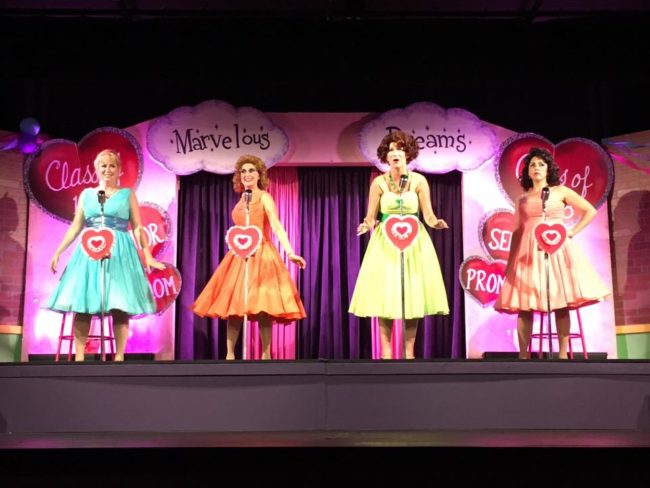 (L to R) Sarah Elizabeth Sickles as Suzie Simpson, Stephanie Mahoney as Missy Miller, Emily Elborn as Betty Jean Reynolds, and Cindy Lou Huffington as Natalie Knox