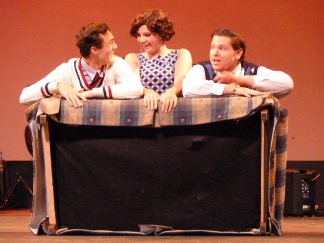 Kevin Franiak (left) as Don Lockwood, Rachel Miller (center) as Katy Selden, and Matthew Trulli (right) as Cosmo Brown in Singin' in the Rain Jr.