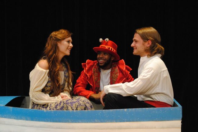 Isabella Bordner (left) as Ariel, Isaiah Graves (center) as Sebastian, and Joshua Starkey (right) as Prince Eric