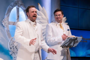 Tom Story (God) and Jamie Smithson (Gabriel) in An Act of God at Signature Theatre. 