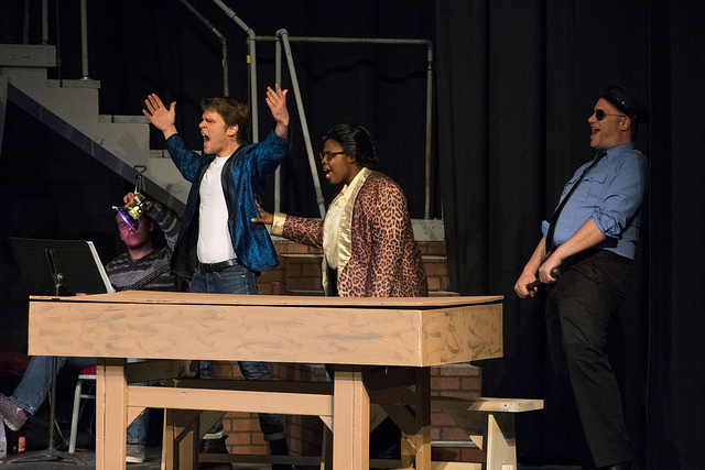 Michael Nugent (left in blue) as Wade "Cry Baby" Walker, Monique Cheryse Wilson (center) as Dupree W, Dupree and Christopher Kabara (right) as The Bailiff 