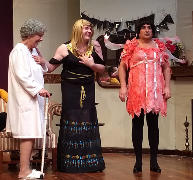 Marge Ricci (left) as Florence Snider, Jim Gerhardt (center) as Leo Clark, and Lenny Taube (right) as Jack Gable in Leading Ladies at The Salem Players