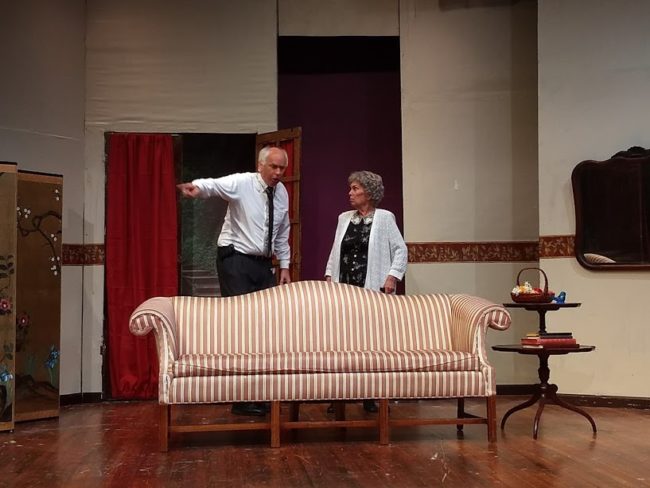 Tim Evans (left) as Doc Myers and Marge Ricci (right) as Florence Snider in Leading Ladies at The Salem Players