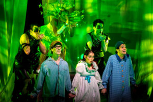 Back: (L to R) Alex Mills as Peter Pan, Ana Tsikurishvili as Tinkerbell, ZanaGankhuyag as Shadow. Front (L to R): Thomas Beheler as John Darling, Kathy Gordon as Wendy Darling, and Scott Whalen as Michael Darling