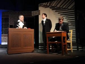 Richard Peck (left) as Ebenezer Scrooge, Ewan MacLean (center) as Fred and Terry O'Hara (right) as Bob Cratchit