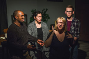 (L to R) Ramon Burris as Oliver, Maranda Kosten as Hannah, Caitlin Rife as Chloe, and Sean McComas as Liam in Three by Natalie Piegari