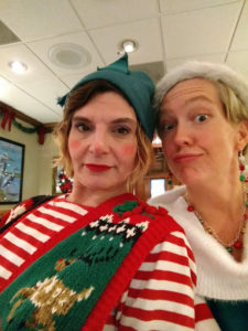 Cybele Pomeroy (left) as Holly Thornbush and Mandy Gunther (right) as Wishful Elf, the wannabe audience member