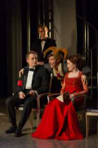 (L to R) Alan Cox as Claudius, Gregory Wooddell as Osric, Michael Urie as Hamlet, and Madeleine Potter as Gertrude