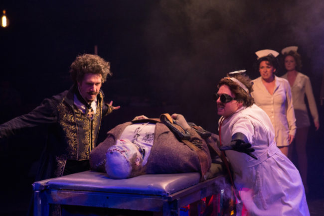 Justin Calhoun (left) as Victor Frankenstein, Christopher Kabara (center) as The Monster and Jeffrey Shankle (left) as Dr. Frederick Frankenstein