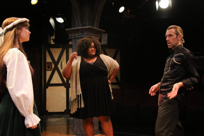 Katrina Jackson (left) as Deidre McDavey, Shanelle Fontaine (center) as Felicia Dantine, and Jon Ingbretson (right) as Gary Peter Lefkowitz