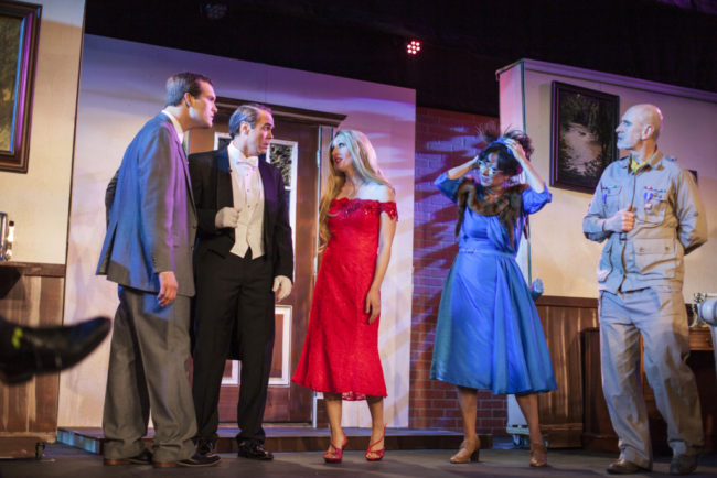 (L to R) Chris Volker as Mr. Green, Greg Guyton as Ash, Denise Roger Mylin as Miss Scarlet, Michele Guyton as Mrs. Peacock, and Phil Hansel as Colonel Mustard