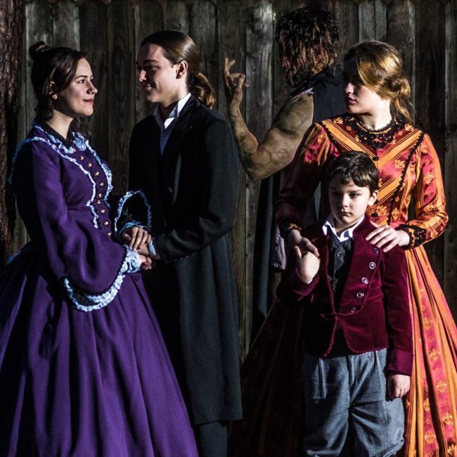 (L to R) Madelyn Dominiski  as Elizabeth, Michael Bannigan as Victor Frankenstein, Tennyson Harris as The Creation, Katie McCarren as Nanny Justine Moritz, and Sammy Greenslit as William Frankenstein 