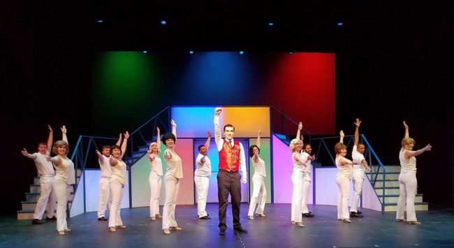 Jim Baxter (center) as Frank Abagnale Jr. with the Frank Abagnale Jr. dancers for "Live in Living Color" in Catch Me If You Can